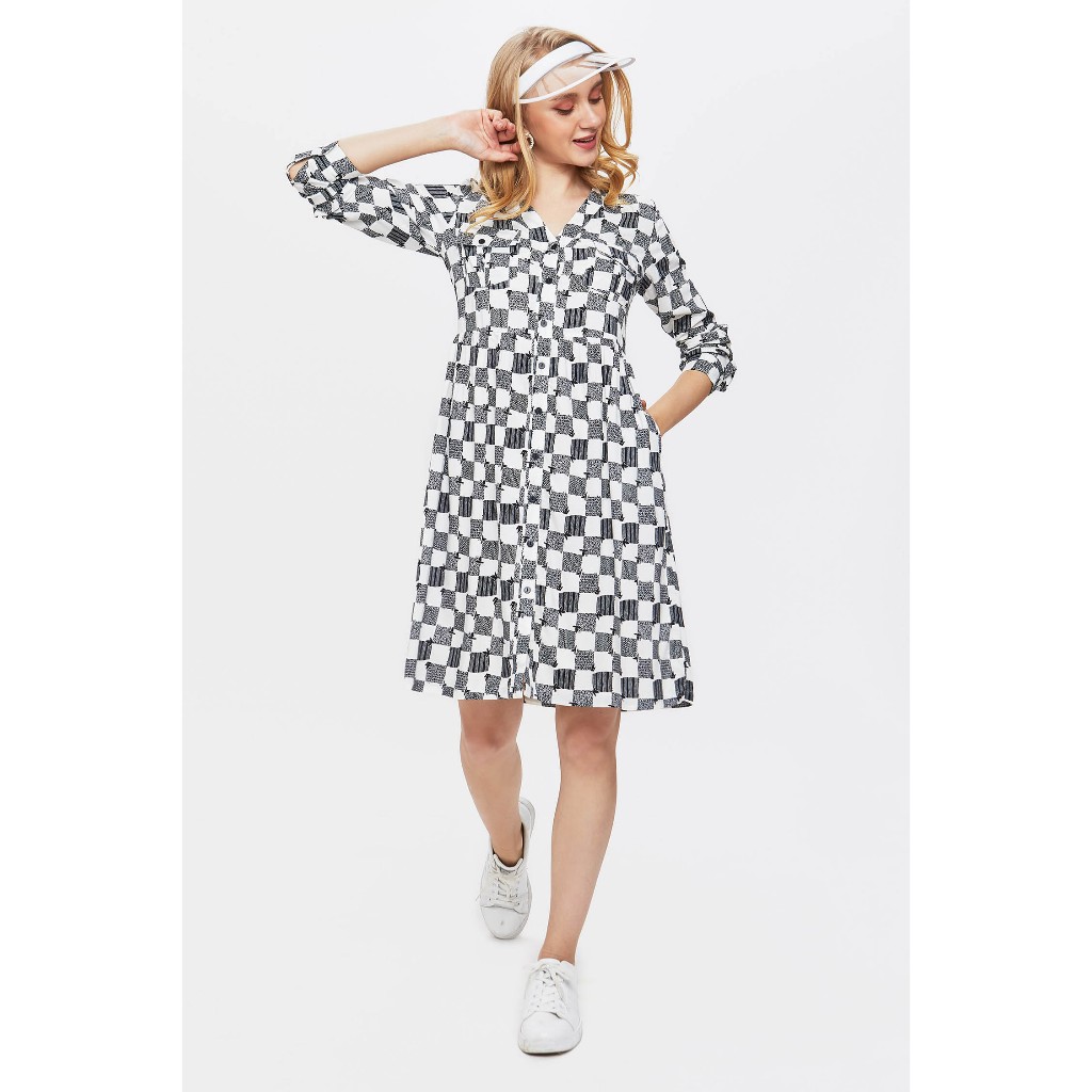[CÒN SIZE S] Đầm Nữ Tay Dài Caro Dáng Midi N&M Thương Hiệu NINOMAXX 1906041