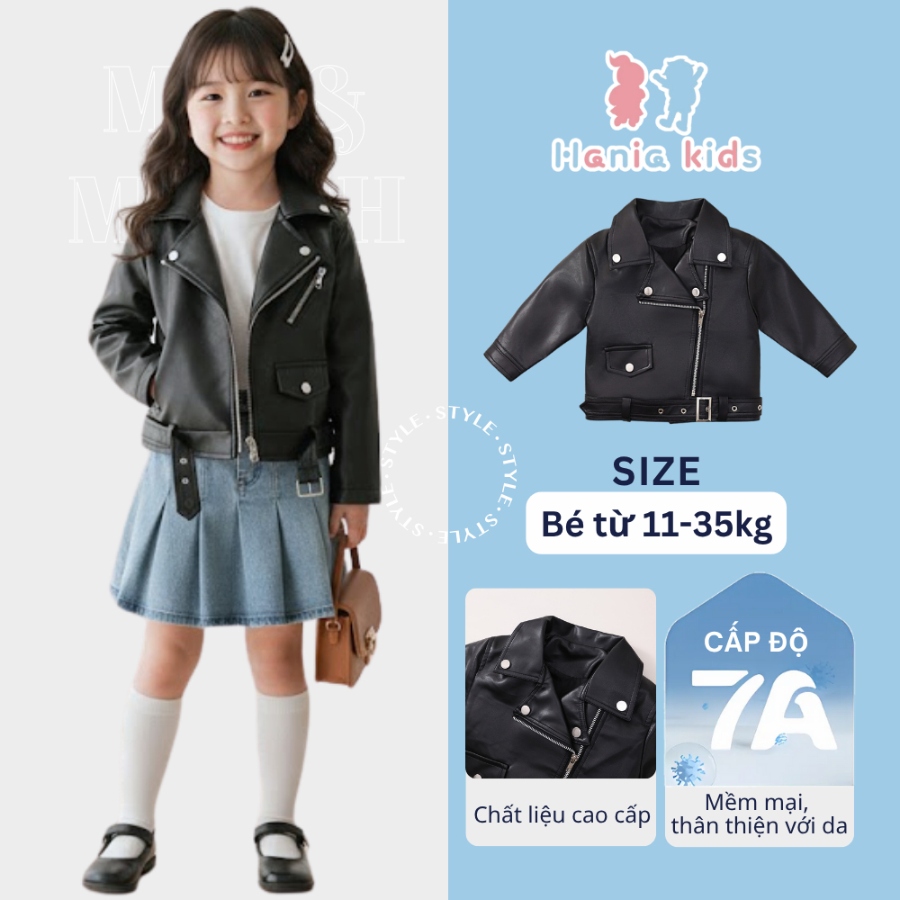 Áo Khoác Bé Gái Hania Kids, Áo Khoác Da Cho Bé Thiết Kế Kèm Đai Xinh Xắn Bên Trong Lót Gió Ấm Áp