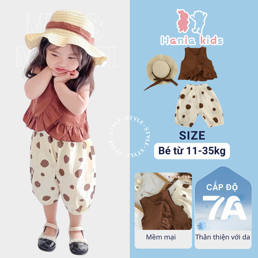 Set Đồ Bé Gái, Bộ Áo Sát Nách  Áo Sơ Mi Búp Bê Phối Quần Ống Rộng Chấm Bi Kèm Mũ Siêu Đáng Yêu