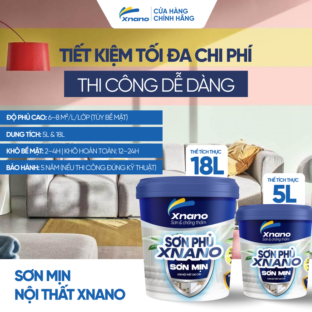 Sơn Mịn Nội Thất XNANO – Cao Cấp, Chống Ẩm Mốc, Bám Dính Tốt – 5L & 18L | Bảo Hành 5 Năm