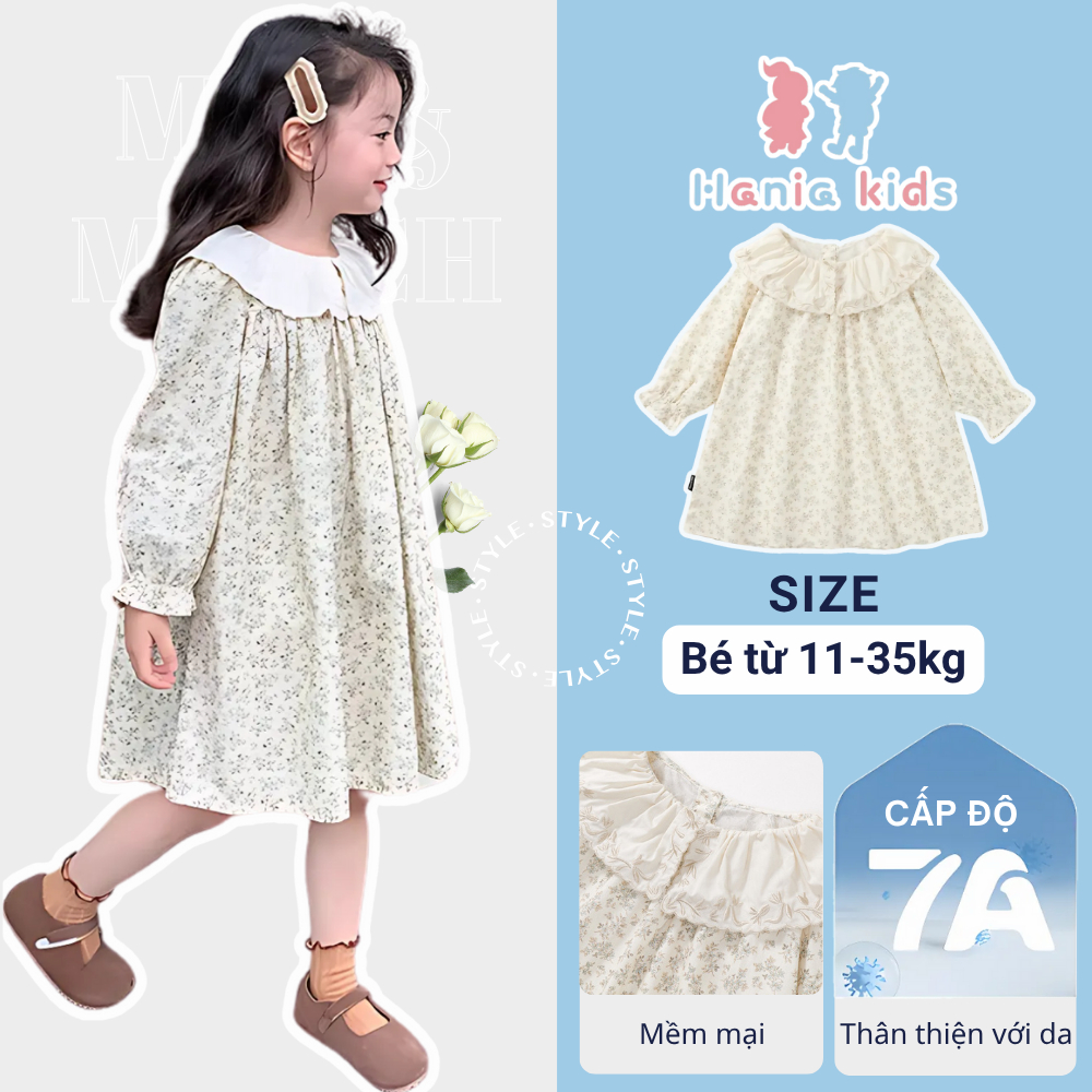 Váy Cho Bé Gái, Váy Hoa Nhí Tiểu Thư Hania Kids Cổ Tròn Tay Bo Chun Dễ Thương Vải Cotton Cao Cấp