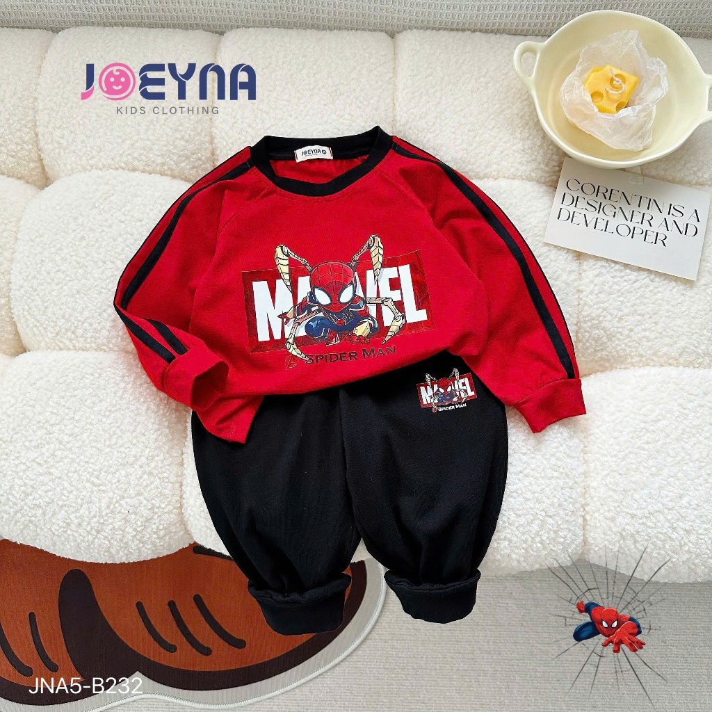Bộ cotton thu đông dài tay bé trai in hoạ tiết siêu nhân, bộ cotton bé trai in siêu nhân dài tay
