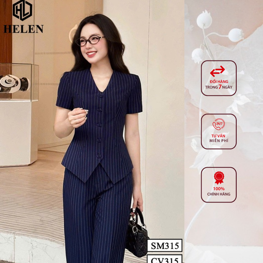 SET công sở HELEN thiết kế  sơ mi + quần suông kẻ xanh than SET315Q