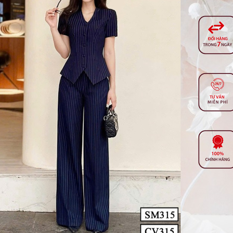 SET công sở HELEN thiết kế  sơ mi + quần suông kẻ xanh than SET315Q