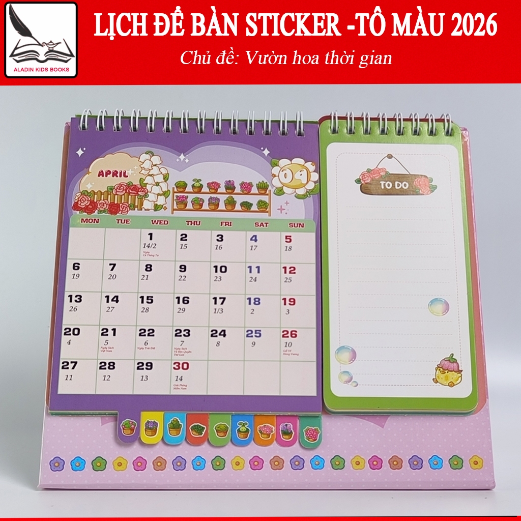 Lịch Để Bàn Sticker – Tô Màu 2026 Chủ Đề “Vườn Hoa Thời Gian”. Có Sticker Dán, Trang Tô Màu Sáng Tạo