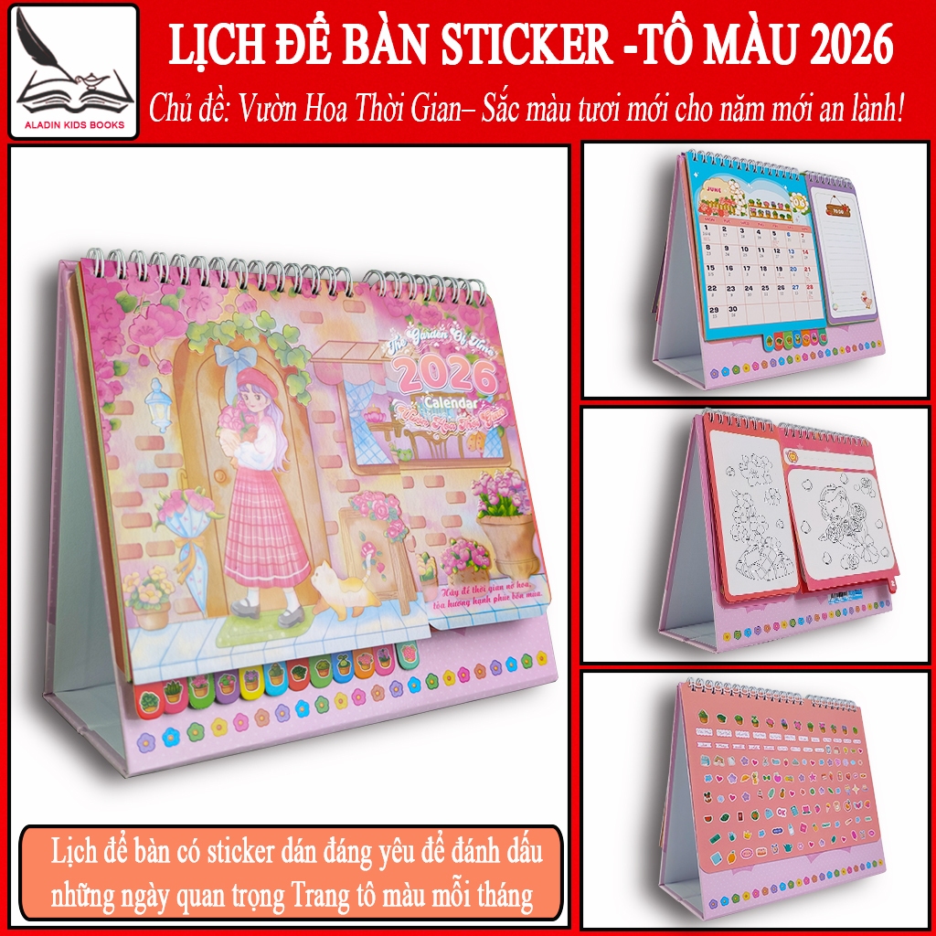 Lịch Để Bàn Sticker – Tô Màu 2026 Chủ Đề “Vườn Hoa Thời Gian”. Có Sticker Dán, Trang Tô Màu Sáng Tạo