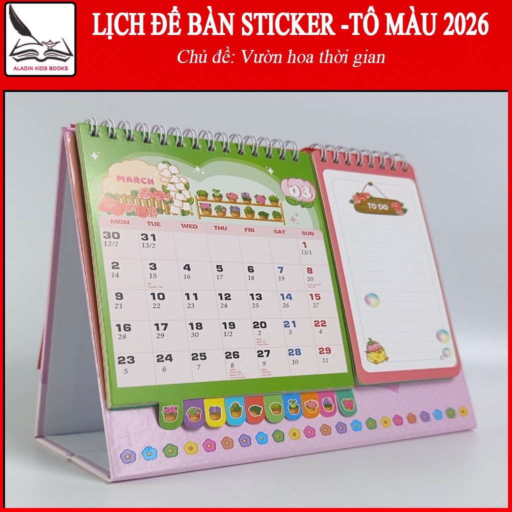 Lịch Để Bàn Sticker – Tô Màu 2026 Chủ Đề “Vườn Hoa Thời Gian”. Có Sticker Dán, Trang Tô Màu Sáng Tạo