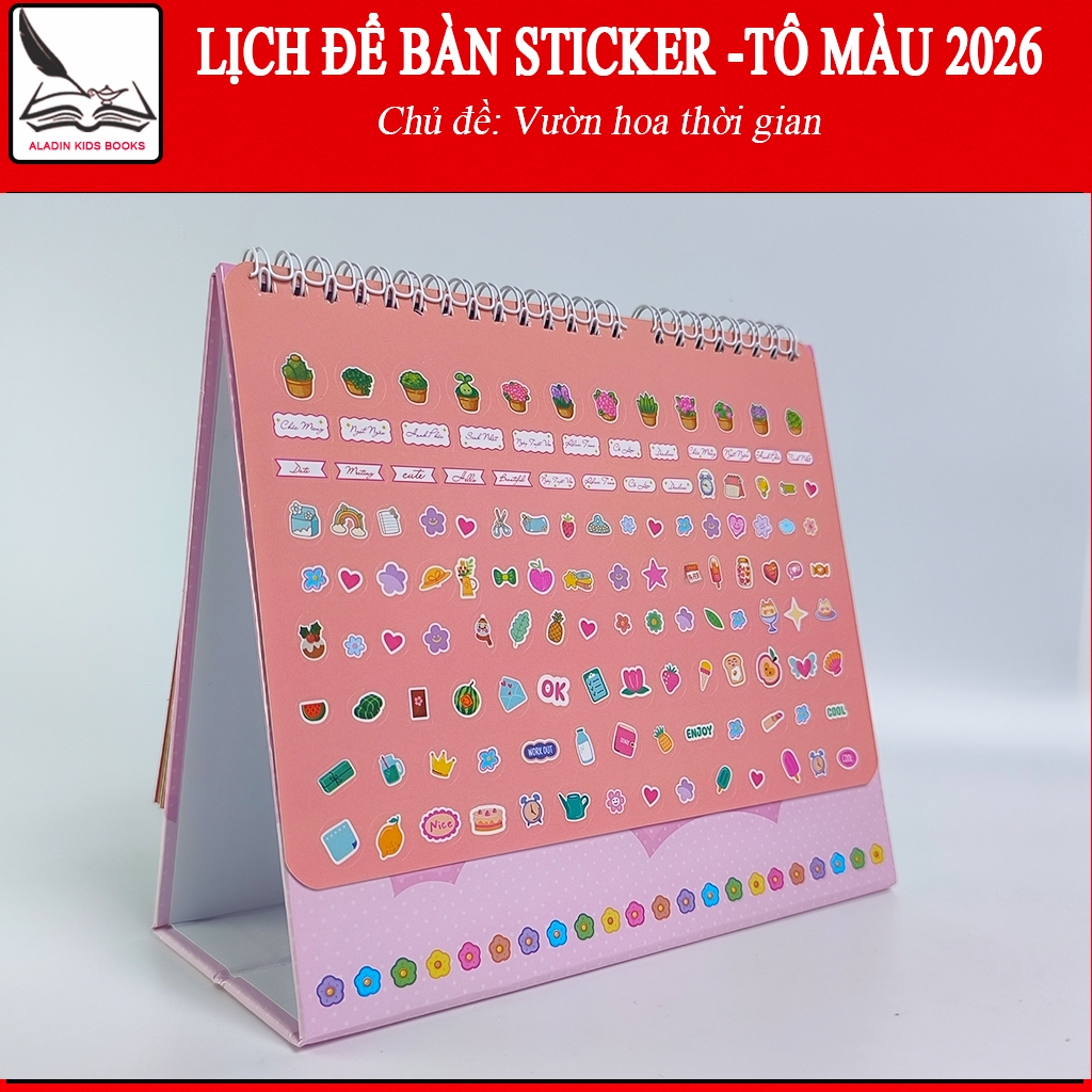 Lịch Để Bàn Sticker – Tô Màu 2026 Chủ Đề “Vườn Hoa Thời Gian”. Có Sticker Dán, Trang Tô Màu Sáng Tạo