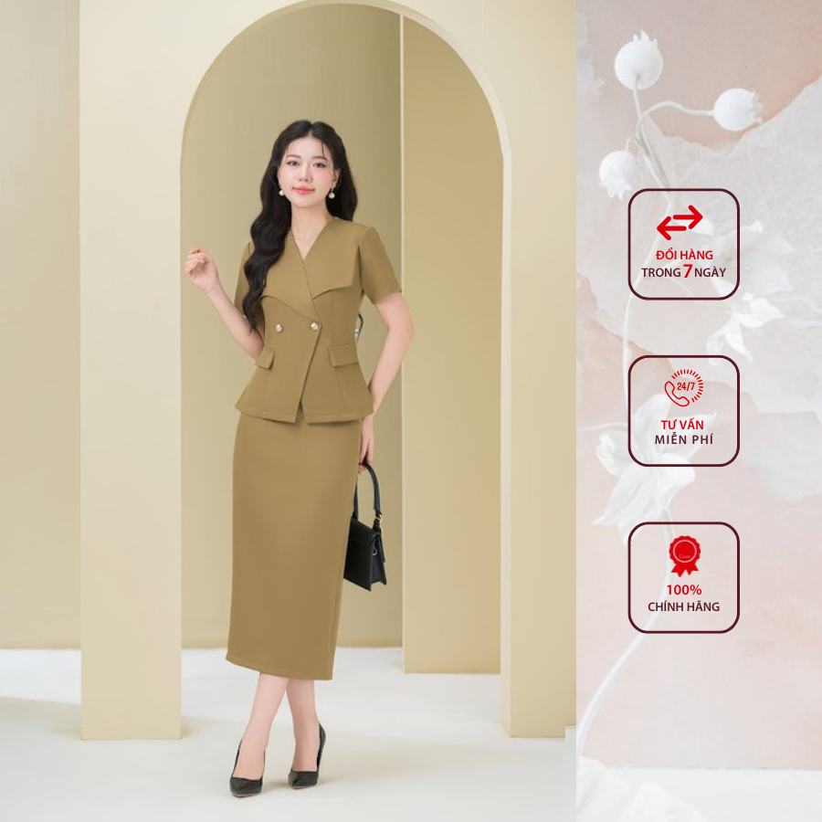 Sét công sở HELEN thiết kế gồm sơ mi cổ bẻ ve cách điệu + chân váy dáng dài màu nâu SET300