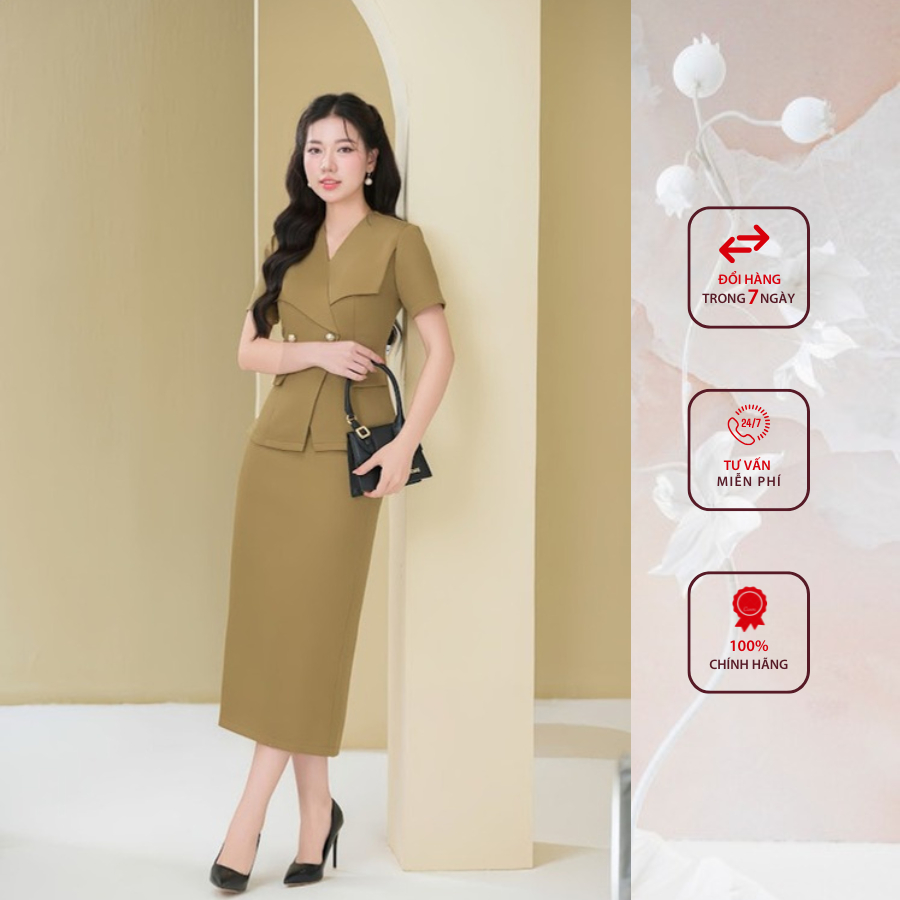 Sét công sở HELEN thiết kế gồm sơ mi cổ bẻ ve cách điệu + chân váy dáng dài màu nâu SET300