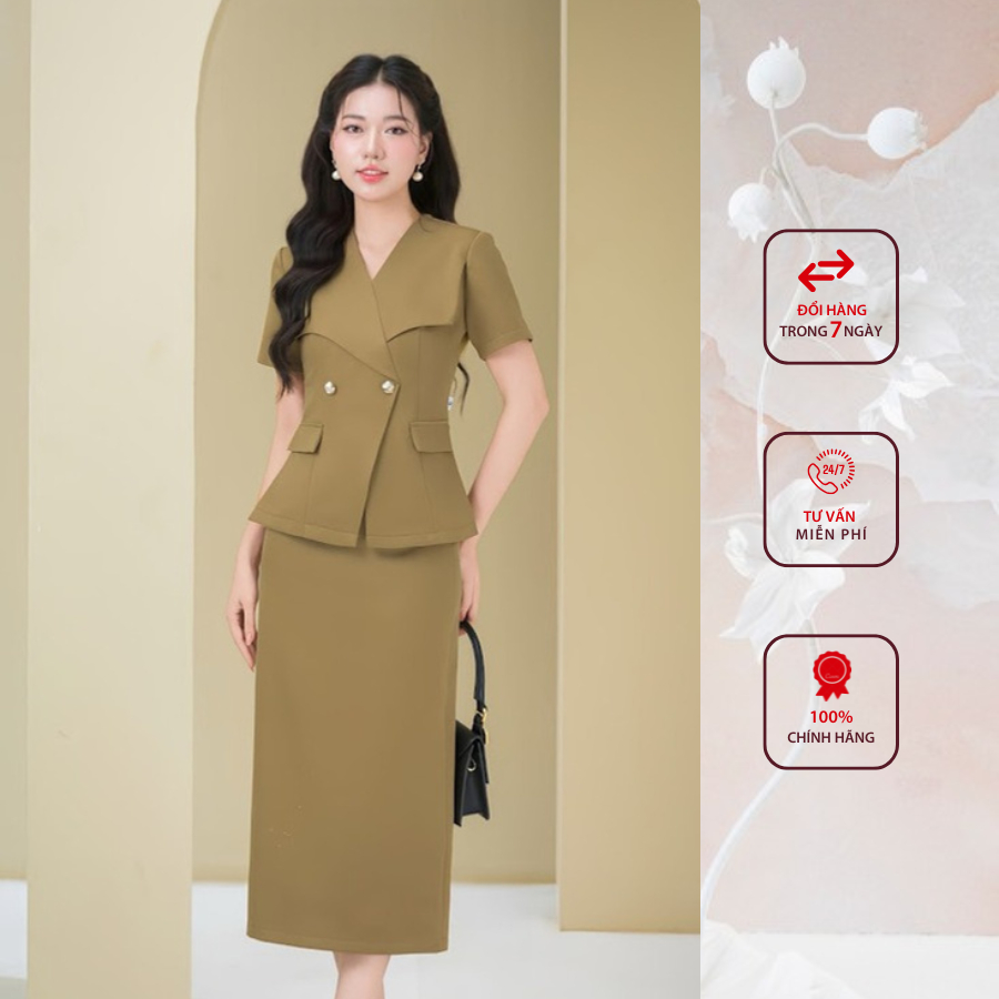 Sét công sở HELEN thiết kế gồm sơ mi cổ bẻ ve cách điệu + chân váy dáng dài màu nâu SET300