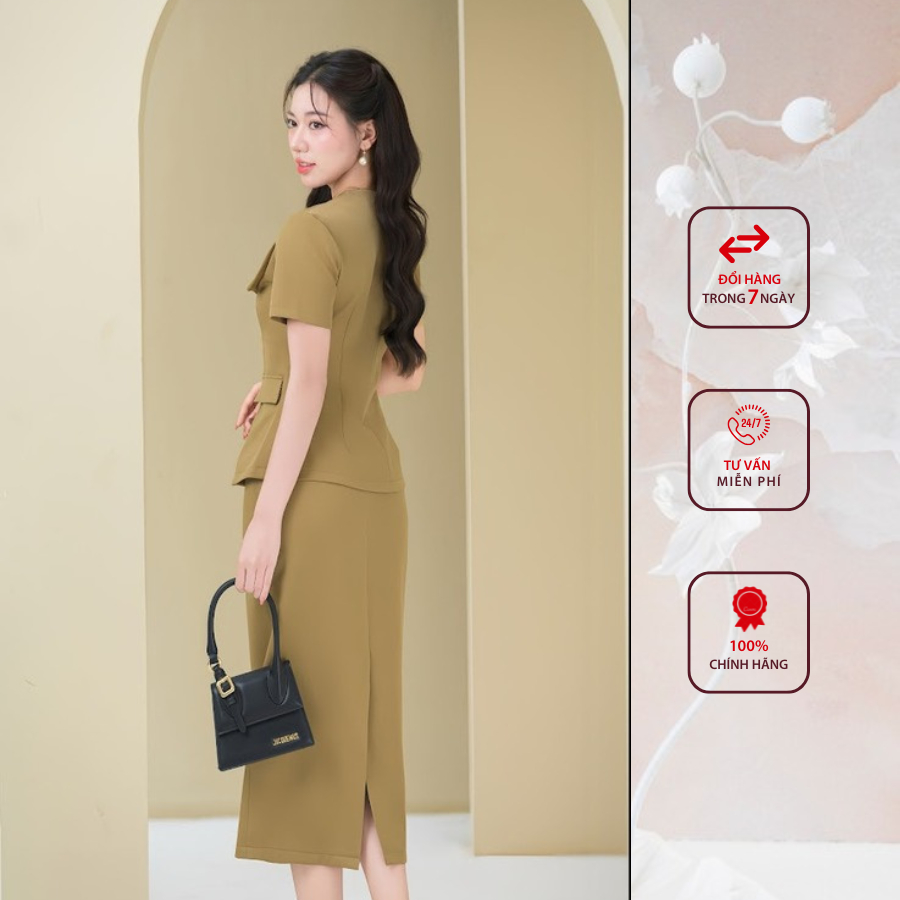 Sét công sở HELEN thiết kế gồm sơ mi cổ bẻ ve cách điệu + chân váy dáng dài màu nâu SET300