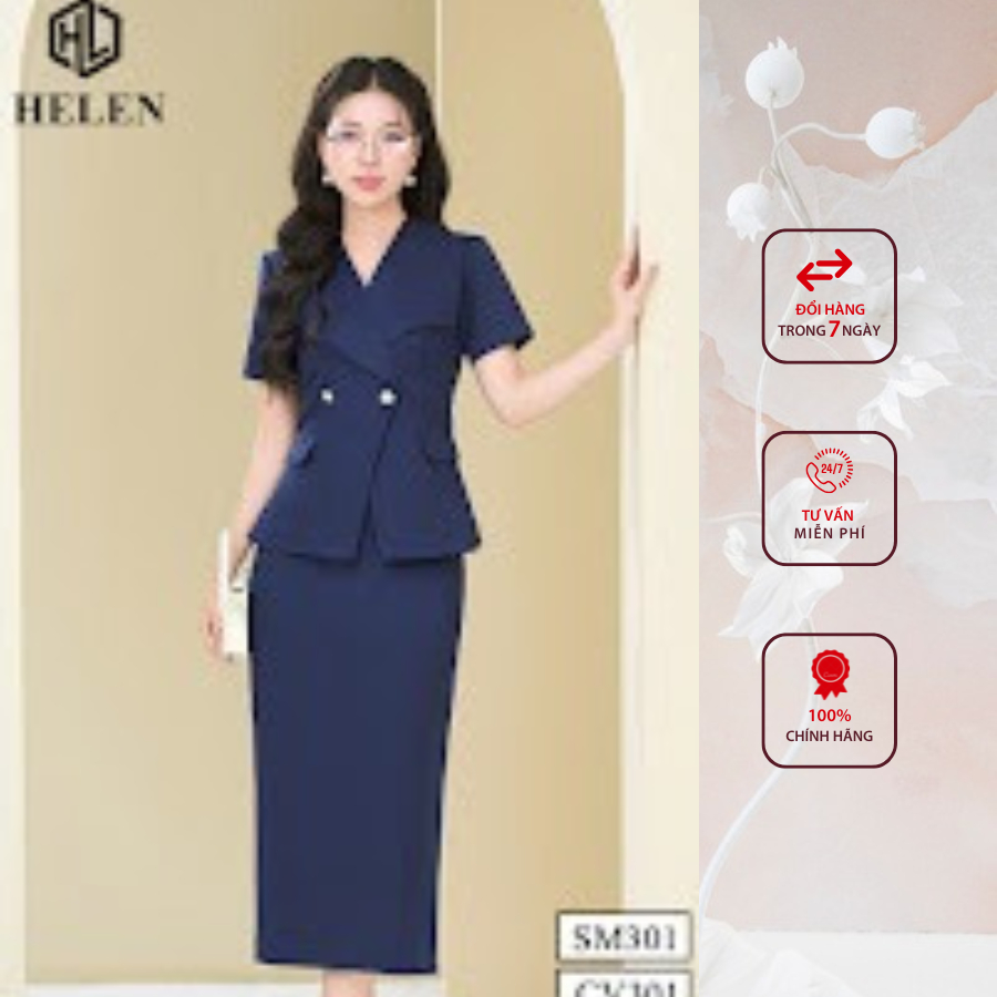Sét công sở HELEN thiết kế gồm sơ mi cổ bẻ ve cách điệu + chân váy dáng dài màu xanh SET301