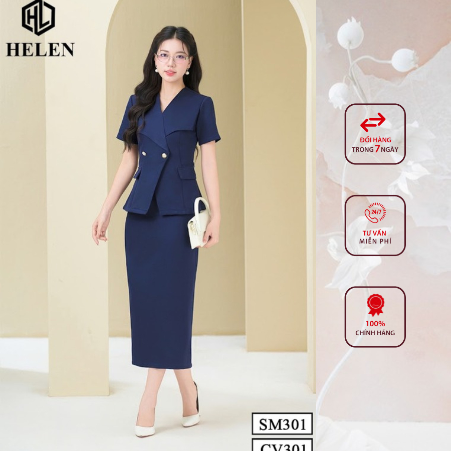 Sét công sở HELEN thiết kế gồm sơ mi cổ bẻ ve cách điệu + chân váy dáng dài màu xanh SET301