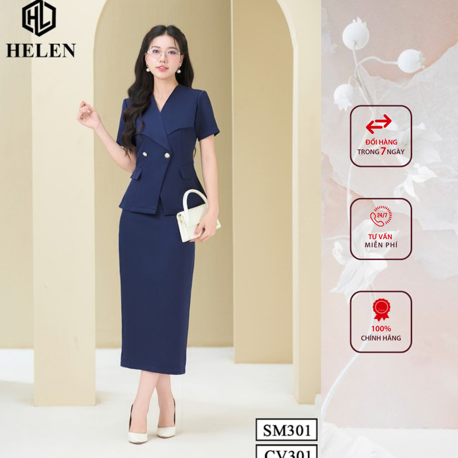 Sét công sở HELEN thiết kế gồm sơ mi cổ bẻ ve cách điệu + chân váy dáng dài màu xanh SET301