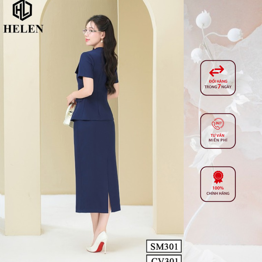 Sét công sở HELEN thiết kế gồm sơ mi cổ bẻ ve cách điệu + chân váy dáng dài màu xanh SET301