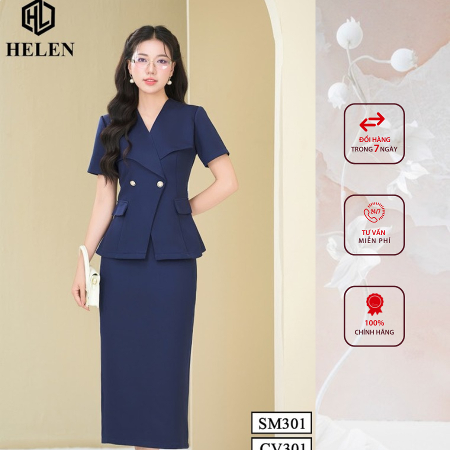 Sét công sở HELEN thiết kế gồm sơ mi cổ bẻ ve cách điệu + chân váy dáng dài màu xanh SET301