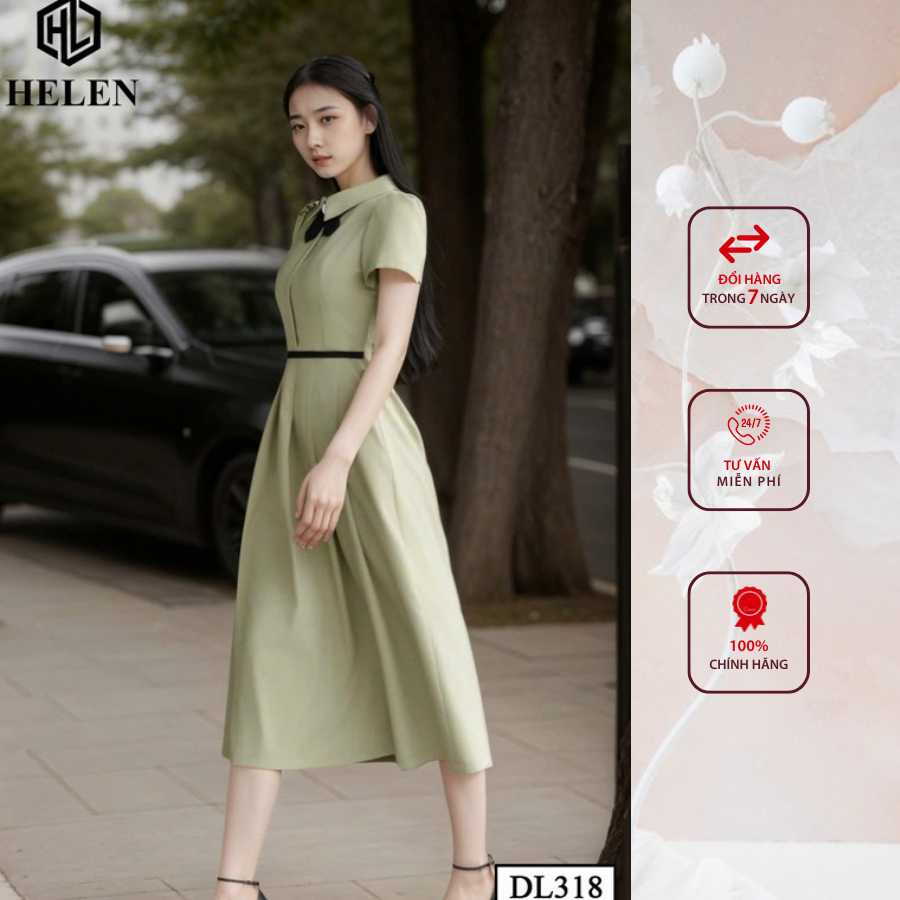 Đầm công sở HELEN thiết kế dáng xòe xanh oliu phối nơ đen DL318