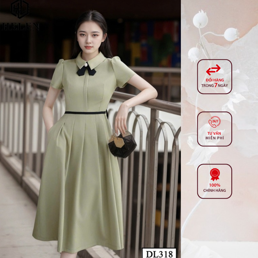 Đầm công sở HELEN thiết kế dáng xòe xanh oliu phối nơ đen DL318
