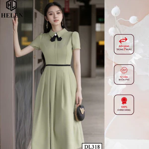 Đầm công sở HELEN thiết kế dáng xòe xanh oliu phối nơ đen DL318