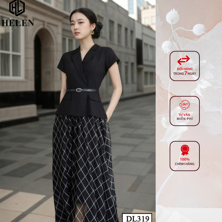 Đầm công sở HELEN thiết kế dáng xòe giả sét cổ vest đen phối chân họa tiết DL319