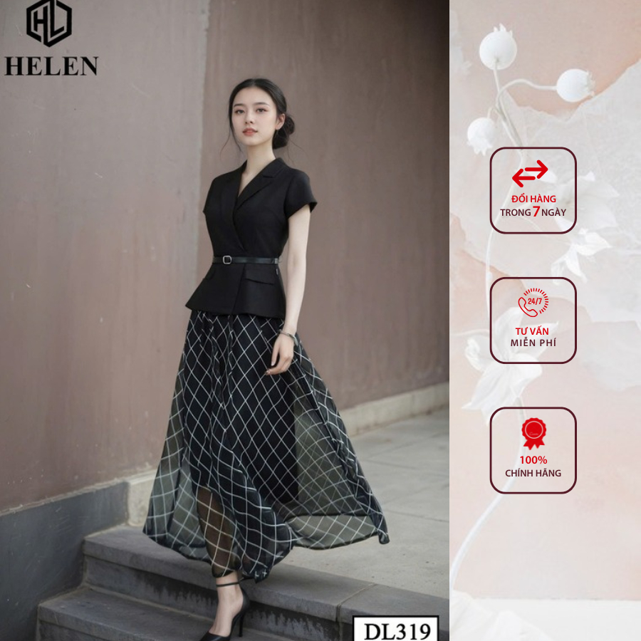 Đầm công sở HELEN thiết kế dáng xòe giả sét cổ vest đen phối chân họa tiết DL319