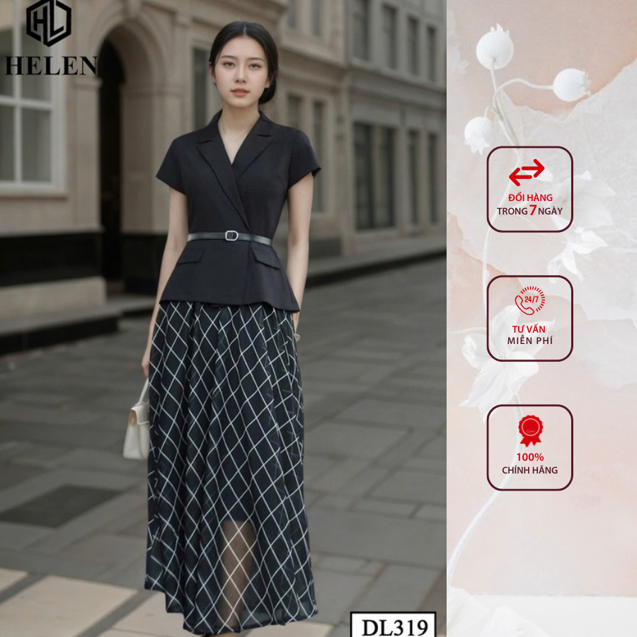 Đầm công sở HELEN thiết kế dáng xòe giả sét cổ vest đen phối chân họa tiết DL319