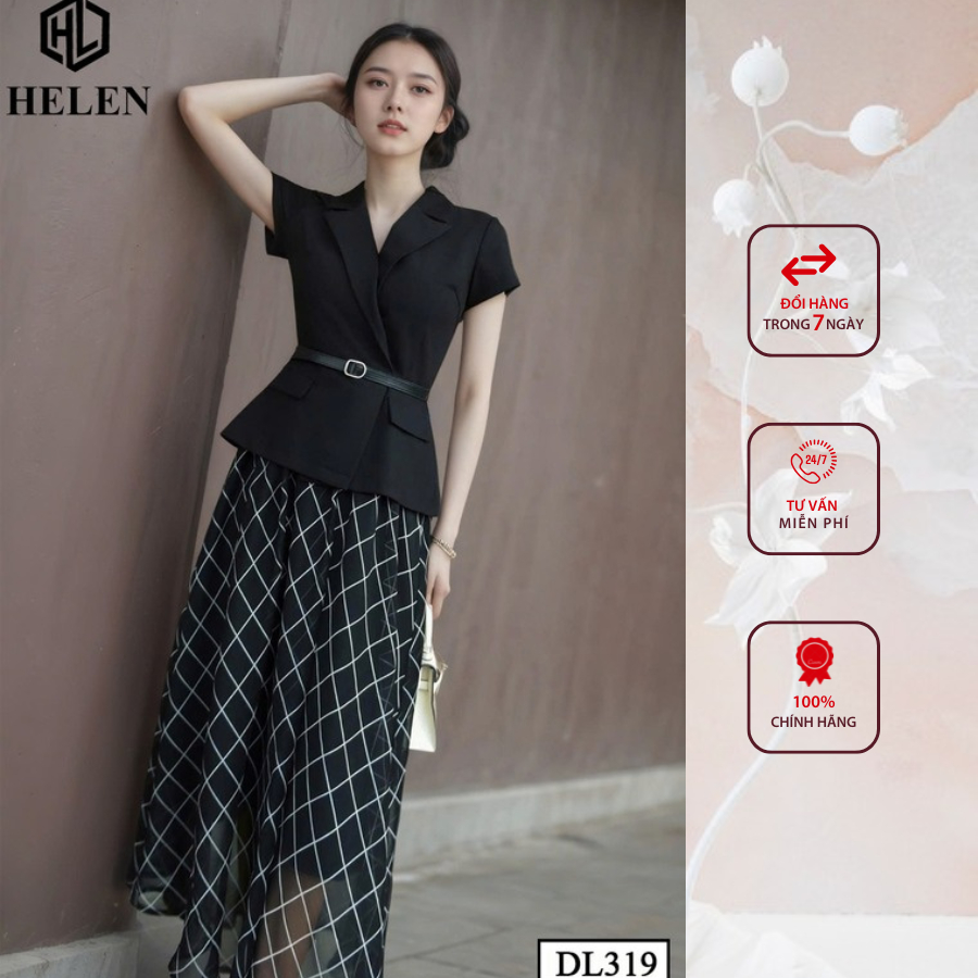 Đầm công sở HELEN thiết kế dáng xòe giả sét cổ vest đen phối chân họa tiết DL319