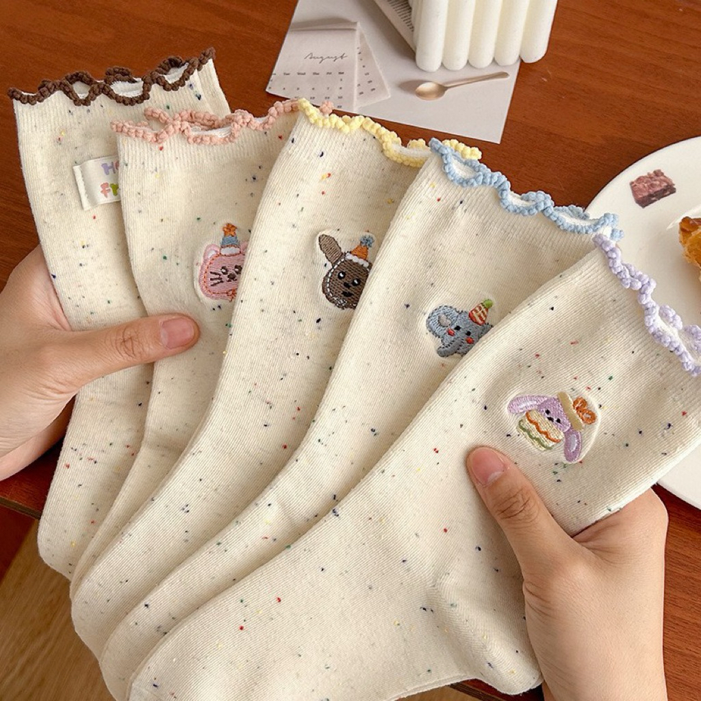 Tất Vớ Nữ Cổ Cao Nhún Bèo Pastel Thêu Hình Ngộ Nghĩnh Dễ Thương Phong Cách Hàn Quốc Chất Cotton Mềm Mại Thoáng Mát