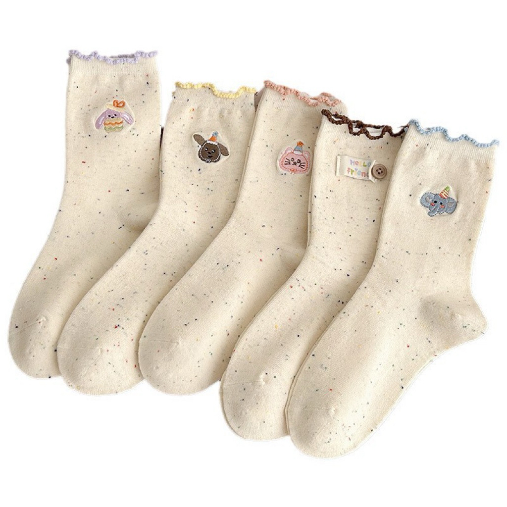 Tất Vớ Nữ Cổ Cao Nhún Bèo Pastel Thêu Hình Ngộ Nghĩnh Dễ Thương Phong Cách Hàn Quốc Chất Cotton Mềm Mại Thoáng Mát
