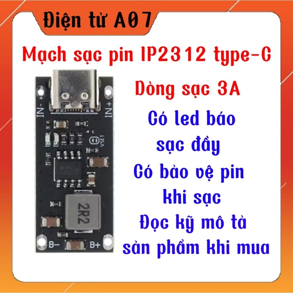 Mạch sạc pin lithium 1S 3A IP2312 type-C Điện áp 4,2v/4,35v | Dòng sạc 3A |
