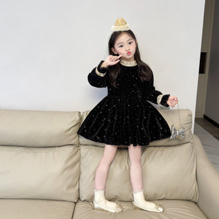 order quảng châu- váy nhung đen bling cao cấp viền kimsa sáng cho bé
