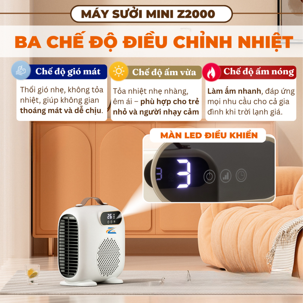 Quạt Sưởi Ấm Phòng Tắm Mùa Đông 2000w Zlife, Máy Sưởi Gốm Cho Bé Sơ Sinh Tiết Kiệm Điện Không Khô Da