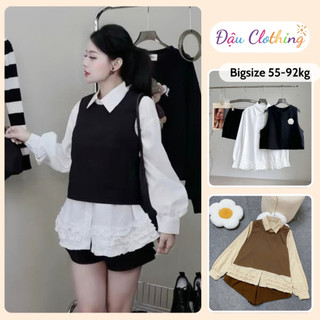 SET Bộ 3 Món Bigsize Nữ Áo Sơ Mi Phối Ghi Lê Kèm Quần Đùi Mùa Thu Đông A863+Q500