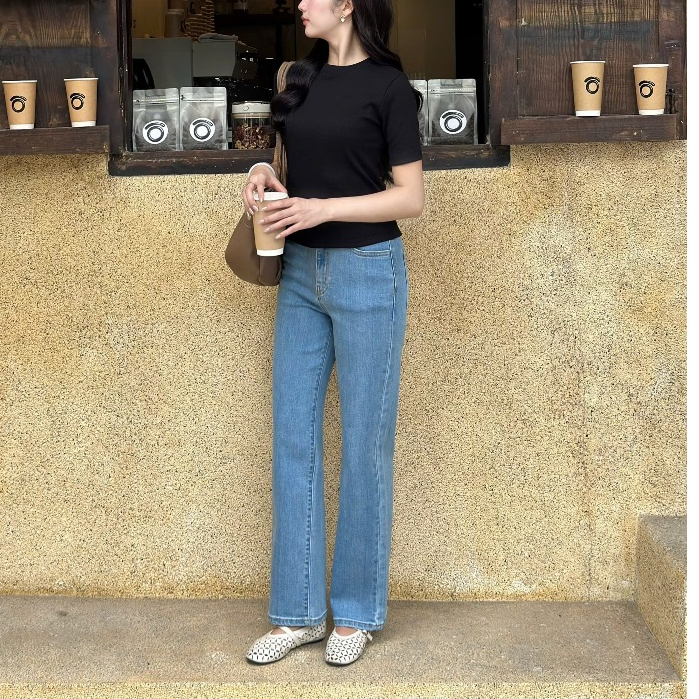 Quần Jean Suông LS-02A, Ống Rộng Vừa Lưng Cao, Jeans Mềm Co Giãn, Khuy Cắt Sẵn, Xanh Nhạt Trơn Cổ Điển