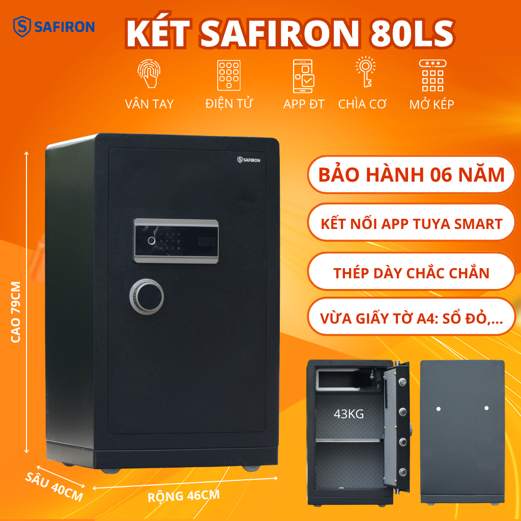 [BH 6 NĂM] Két Sắt Thông Minh Safiron 80LS Vân Tay Điện Tử Kết Nối APP Điện Thoại
