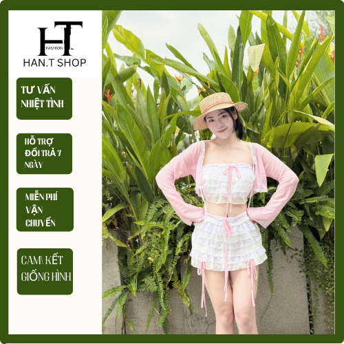 [BKN 1027 ] Bikini Set 3 chi tiết đi biển REN BÈO TIỂU THƯ kèm áo khoác xinh xắn cho Nữ HAN.T SHOP