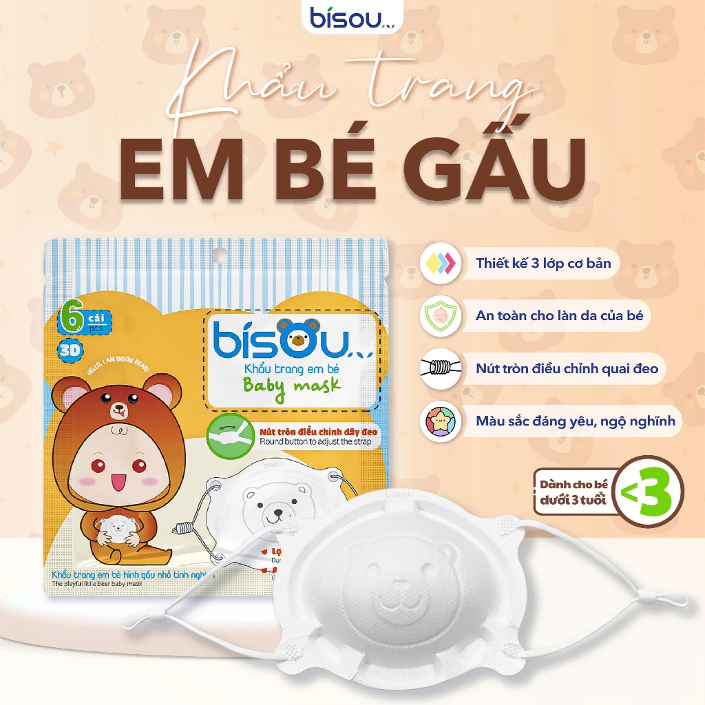 Túi 6 cái khẩu trang Gấu BISOU dành cho bé sơ sinh 0-3 tuổi