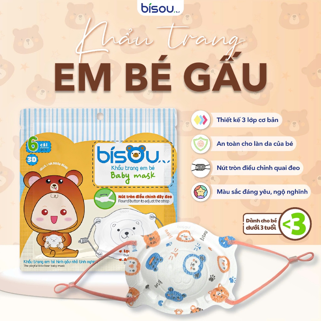 Túi 6 cái khẩu trang Gấu BISOU dành cho bé sơ sinh 0-3 tuổi