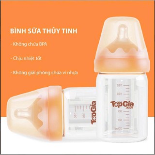 Bình sữa thuỷ tinh cao cấp Topgia 180ml và núm ti silicon siêu mềm chống sặc giảm đầy hơi sẵn hàng giao hỏa tốc  2h hcm