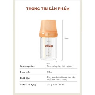 Bình sữa thuỷ tinh cao cấp Topgia 180ml và núm ti silicon siêu mềm chống sặc giảm đầy hơi sẵn hàng giao hỏa tốc  2h hcm