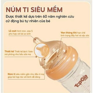Bình sữa thuỷ tinh cao cấp Topgia 180ml và núm ti silicon siêu mềm chống sặc giảm đầy hơi sẵn hàng giao hỏa tốc  2h hcm