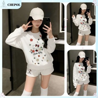 Set Bộ Nỉ Nữ Thu Đông CHEPOL In Kitty ( Áo Sweater Trắng + Quần Đùi Trắng ) Chất Nỉ Chân Cua Cao Cấp, Dày Dặn - CP_16173