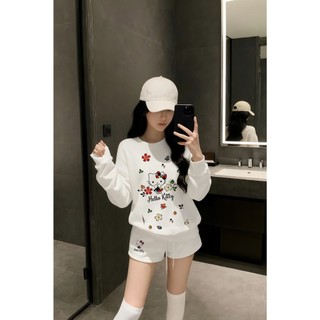 Set Bộ Nỉ Nữ Thu Đông CHEPOL In Kitty ( Áo Sweater Trắng + Quần Đùi Trắng ) Chất Nỉ Chân Cua Cao Cấp, Dày Dặn - CP_16173