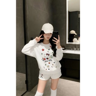 Set Bộ Nỉ Nữ Thu Đông CHEPOL In Kitty ( Áo Sweater Trắng + Quần Đùi Trắng ) Chất Nỉ Chân Cua Cao Cấp, Dày Dặn - CP_16173