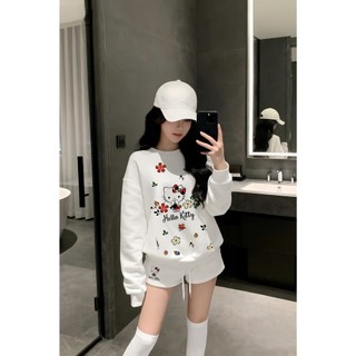 Set Bộ Nỉ Nữ Thu Đông CHEPOL In Kitty ( Áo Sweater Trắng + Quần Đùi Trắng ) Chất Nỉ Chân Cua Cao Cấp, Dày Dặn - CP_16173