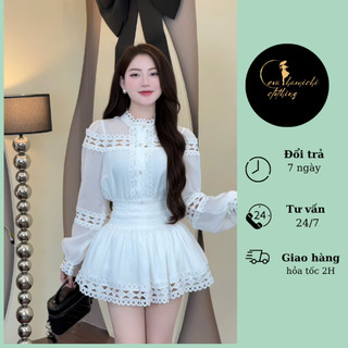 Set váy xòe dáng ngắn mix áo sơ mi phối  ren Eva hamichi