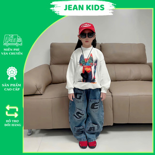 Set Đồ Unisex Cho Bé Cực Chất – Áo Nỉ Tay Dài In Mèo Phối Quần Jean Rộng