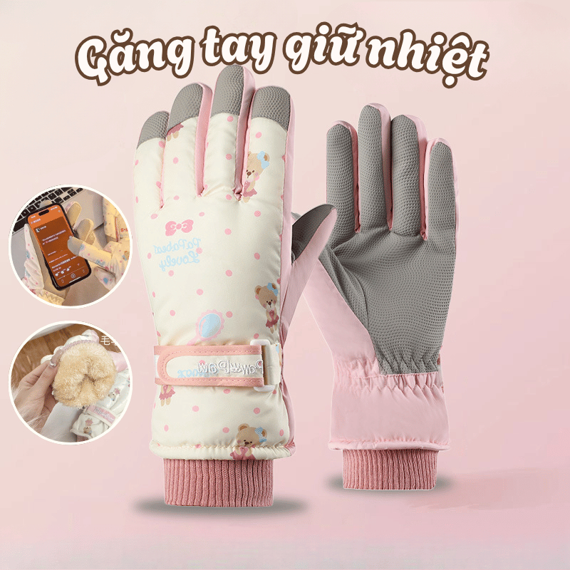 Găng Tay Lót Lông Mùa Đông Dày Dặn Ấm Áp , Chống Nước, Chống Trơn Trượt, Họa Tiết Gấu Dễ Thương