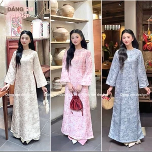 Áo dài Châu Nhã, Áo dài tết gấm vân hoa chìm cách tân dáng xuông tay loe thanh lịch, sạng trọng đi lễ, dạm ngõ, cô dâu